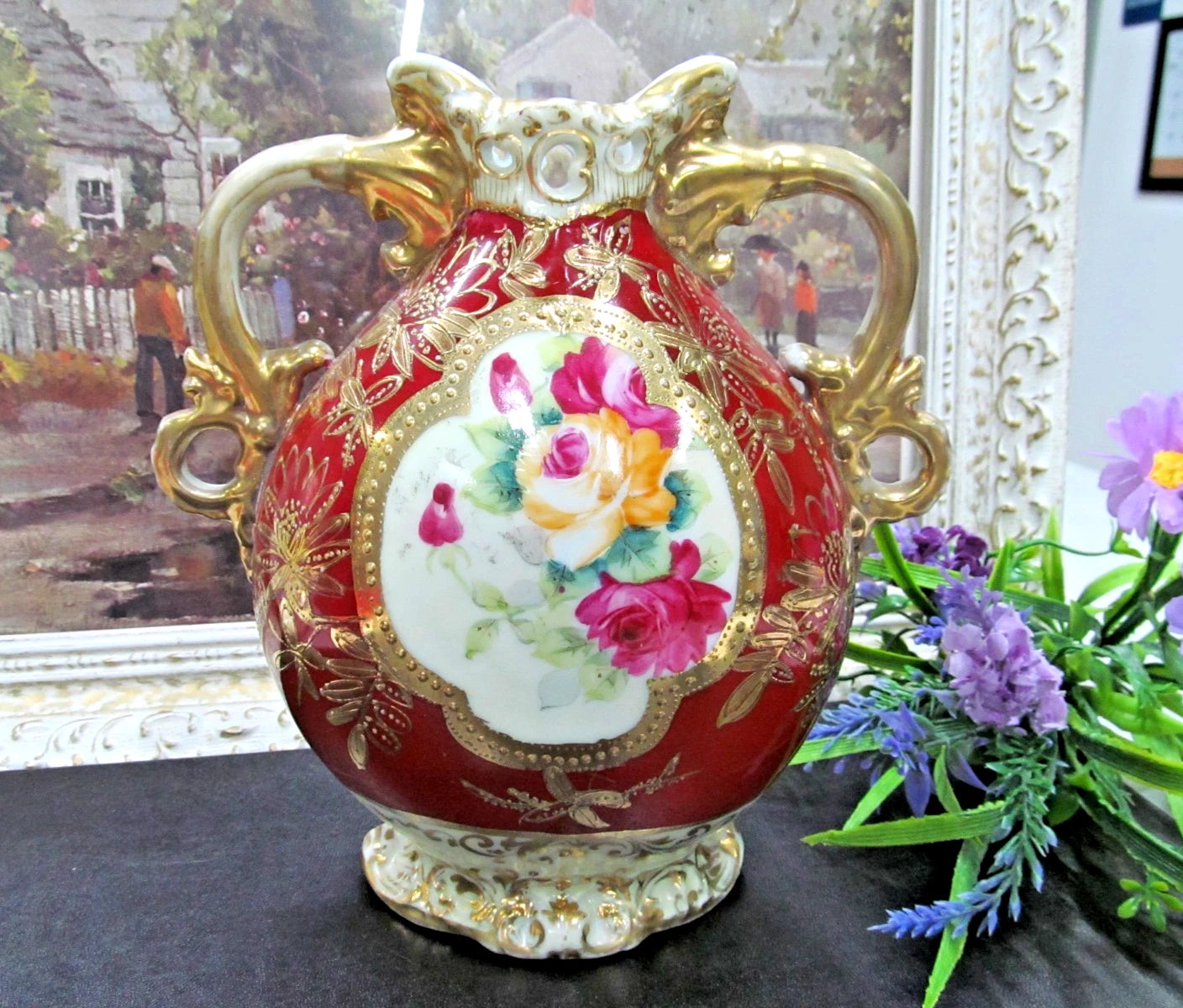 Nippon hand painted with roses and thick raised beaded gold gilt work Urn