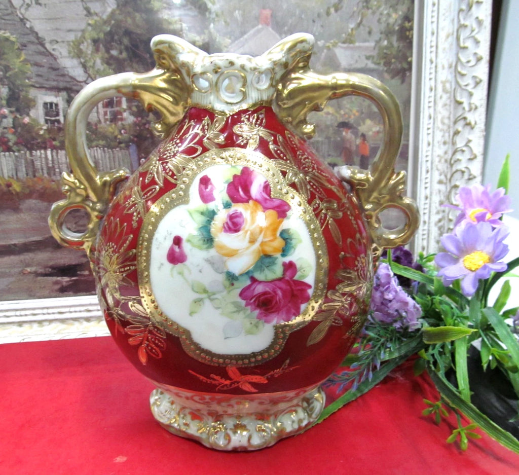 Nippon hand painted with roses and thick raised beaded gold gilt work Urn