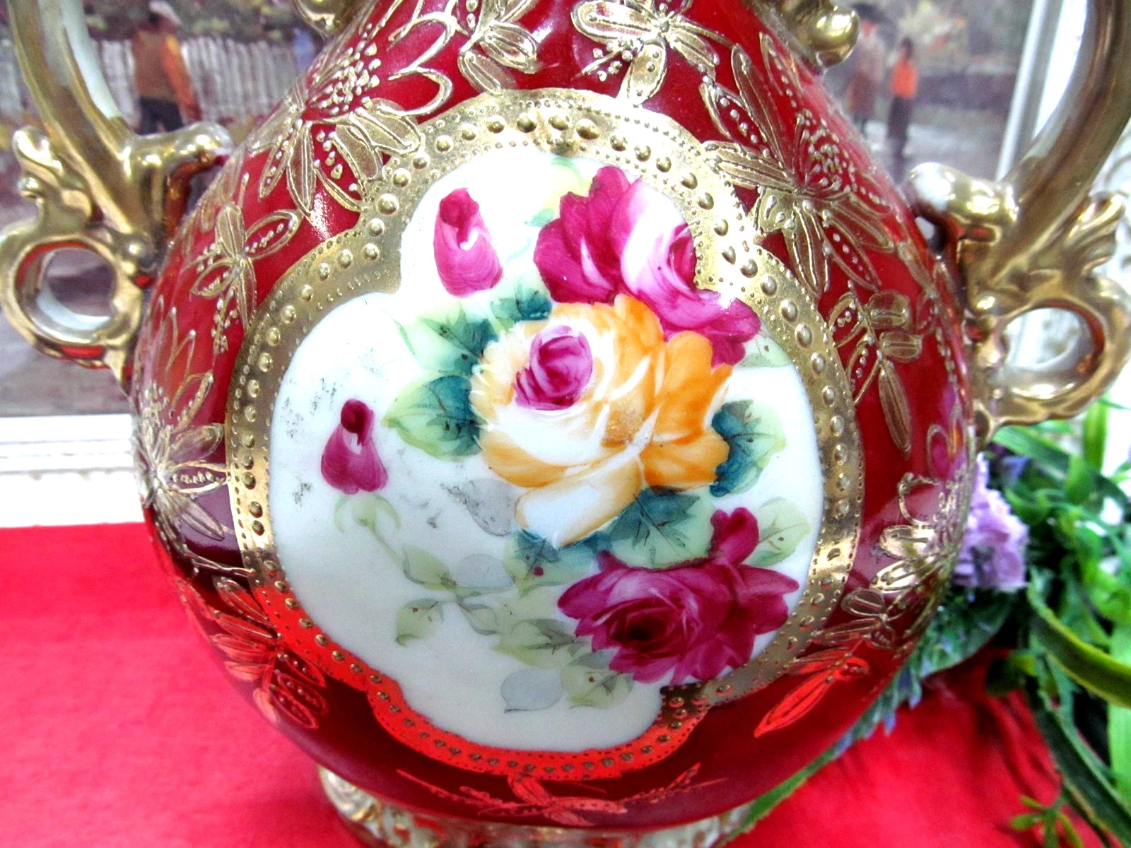 Nippon hand painted with roses and thick raised beaded gold gilt work Urn