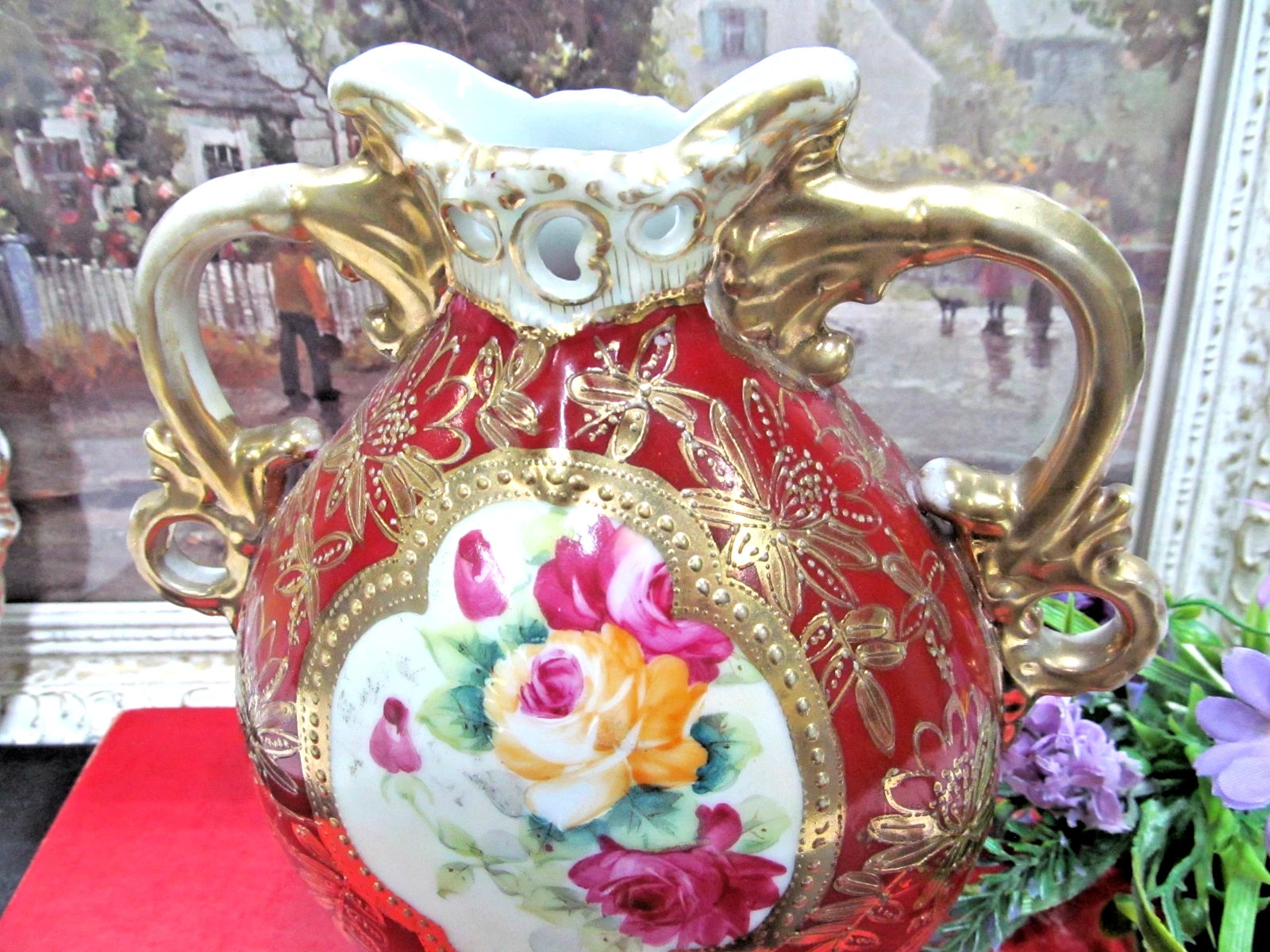 Nippon hand painted with roses and thick raised beaded gold gilt work Urn