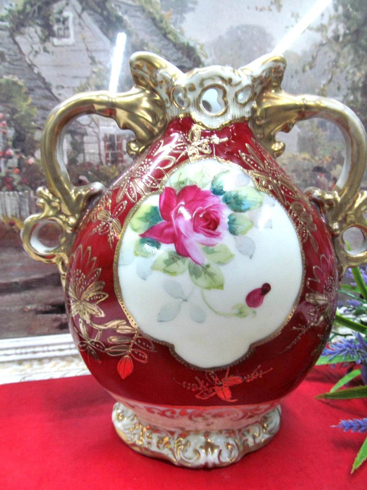 Nippon hand painted with roses and thick raised beaded gold gilt work Urn
