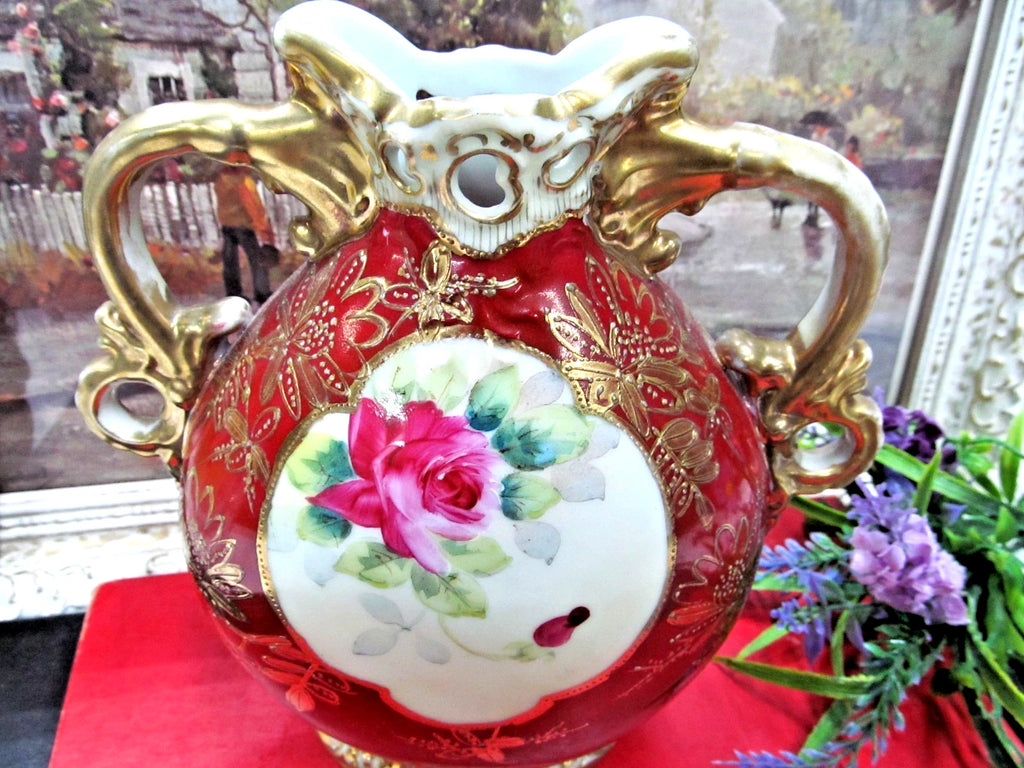 Nippon hand painted with roses and thick raised beaded gold gilt work Urn