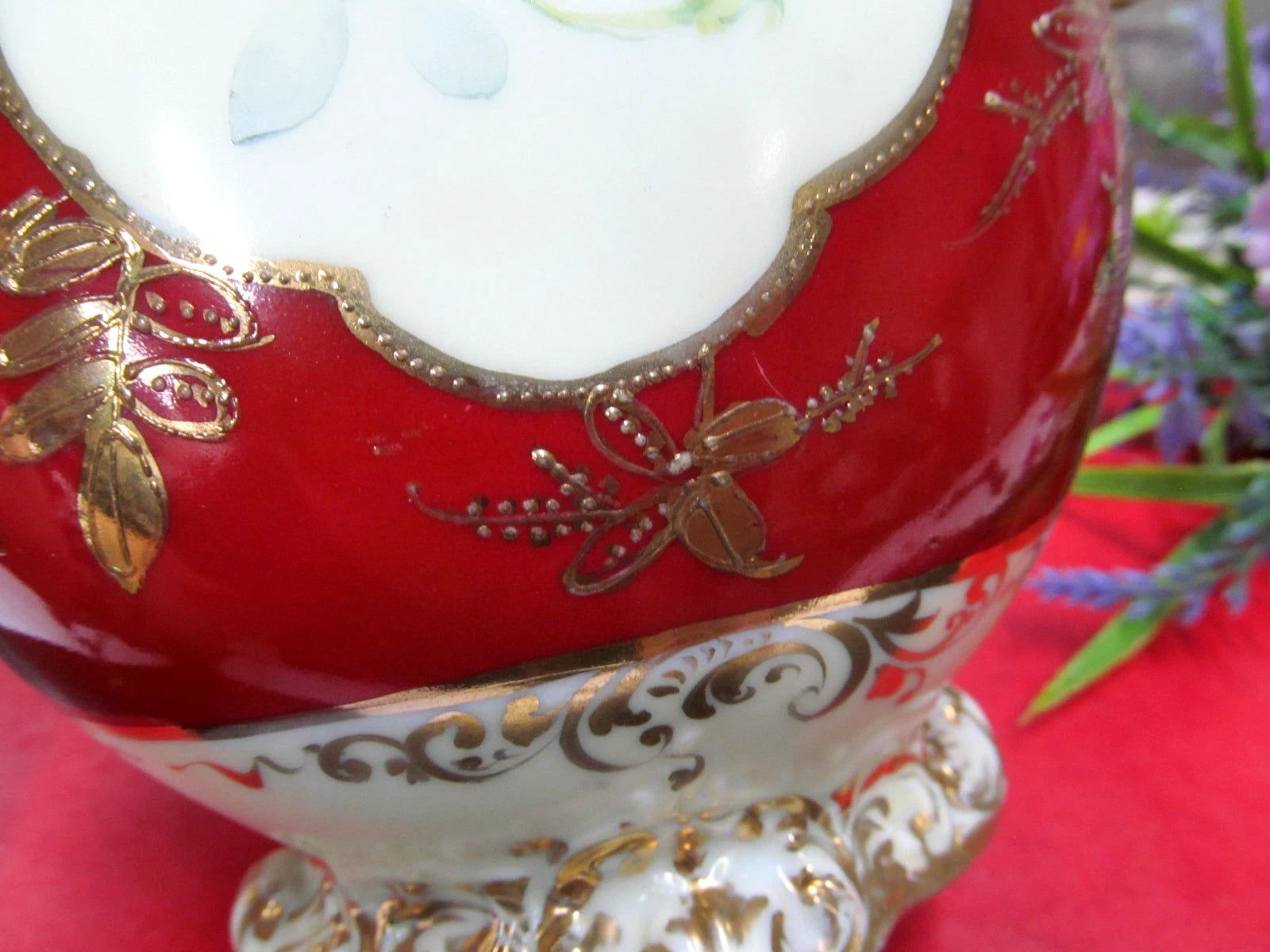 Nippon hand painted with roses and thick raised beaded gold gilt work Urn