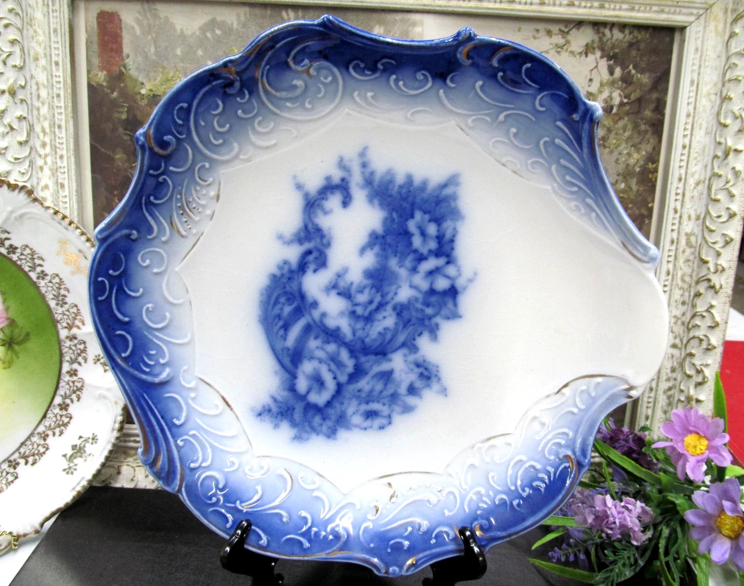Wheeling La Belle flow blue Verus pattern plate bowl 1900s embossed floral
