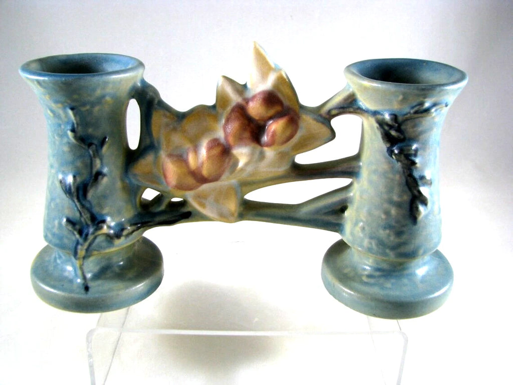 ROSEVILLE BLUE MAGNOLIA Double Vase #186 pottery USA