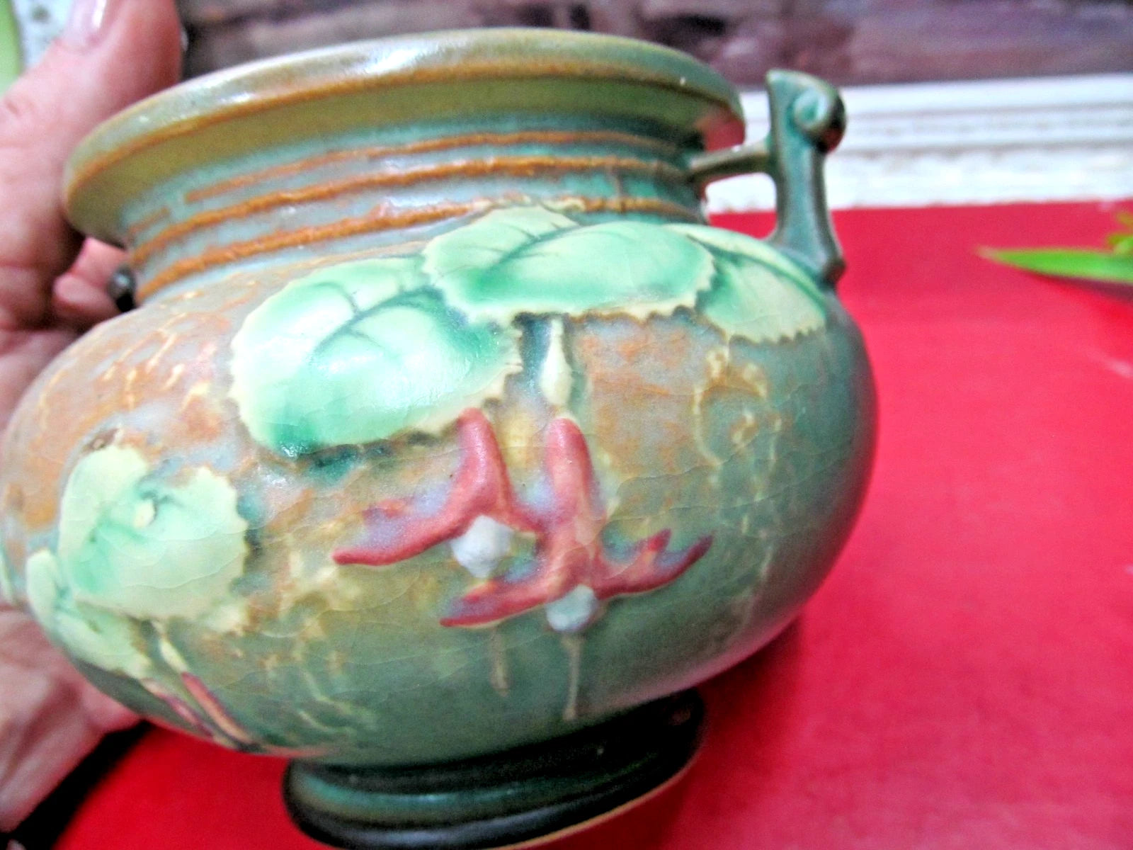 Roseville Pottery “Fuchsia”Small Green Jardiniere With Handles # 645-3”In 1938