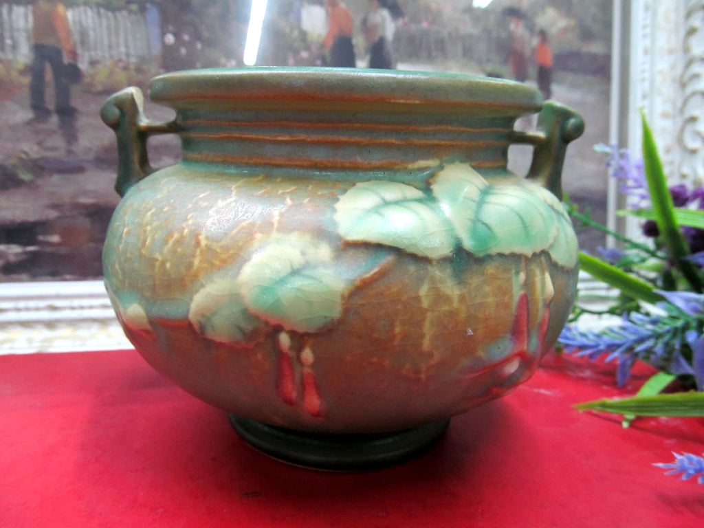 Roseville Pottery “Fuchsia”Small Green Jardiniere With Handles # 645-3”In 1938