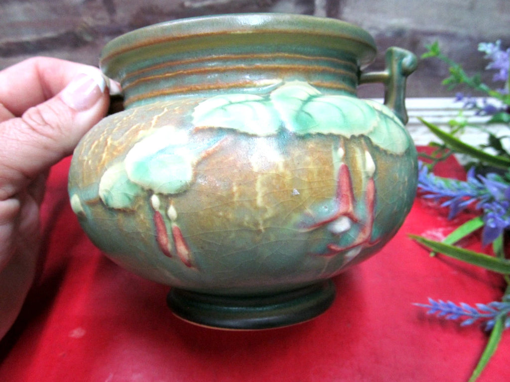 Roseville Pottery “Fuchsia”Small Green Jardiniere With Handles # 645-3”In 1938