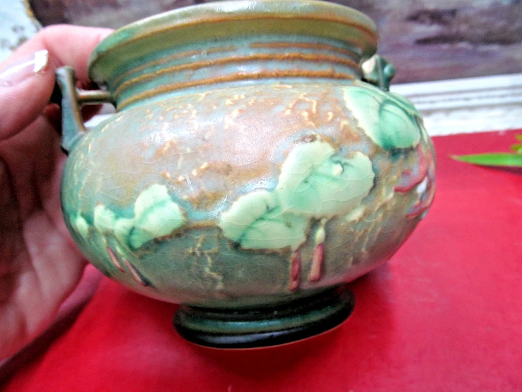 Roseville Pottery “Fuchsia”Small Green Jardiniere With Handles # 645-3”In 1938