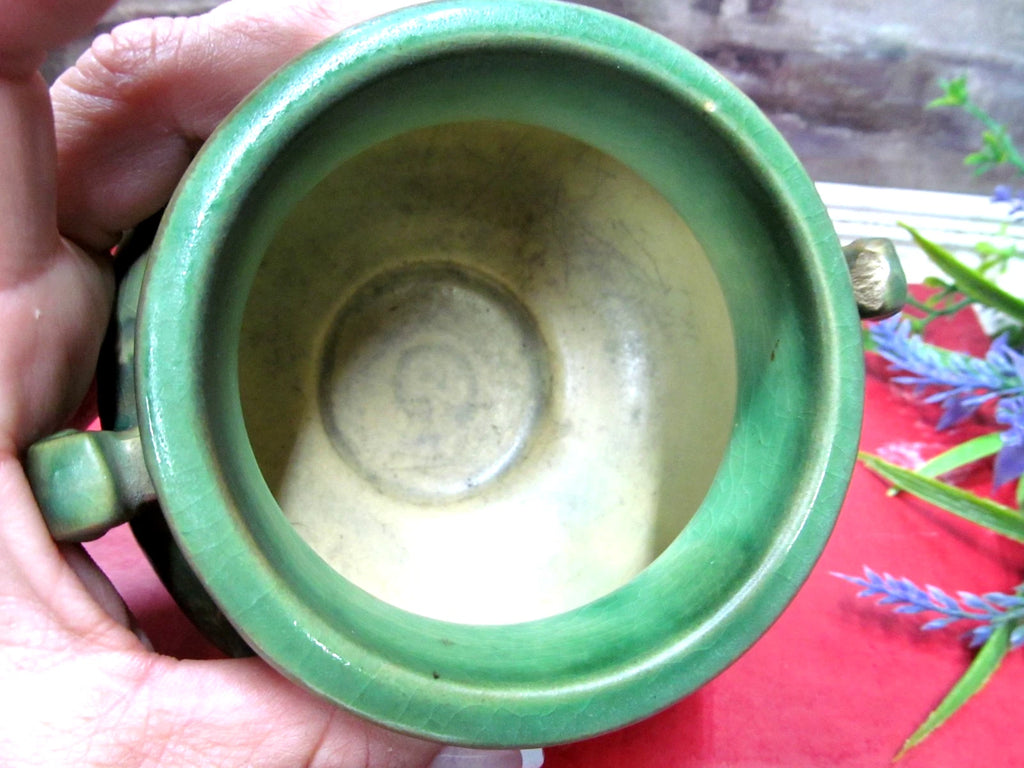 Roseville Pottery “Fuchsia”Small Green Jardiniere With Handles # 645-3”In 1938