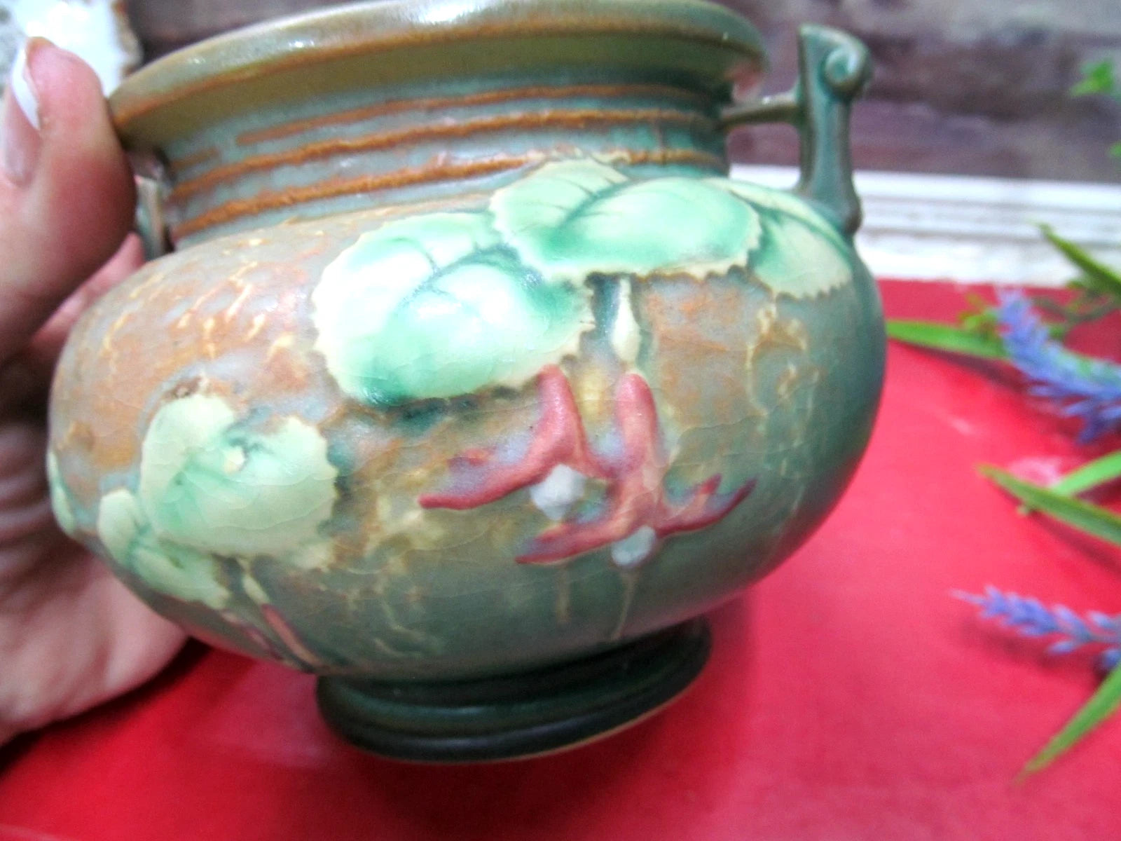 Roseville Pottery “Fuchsia”Small Green Jardiniere With Handles # 645-3”In 1938