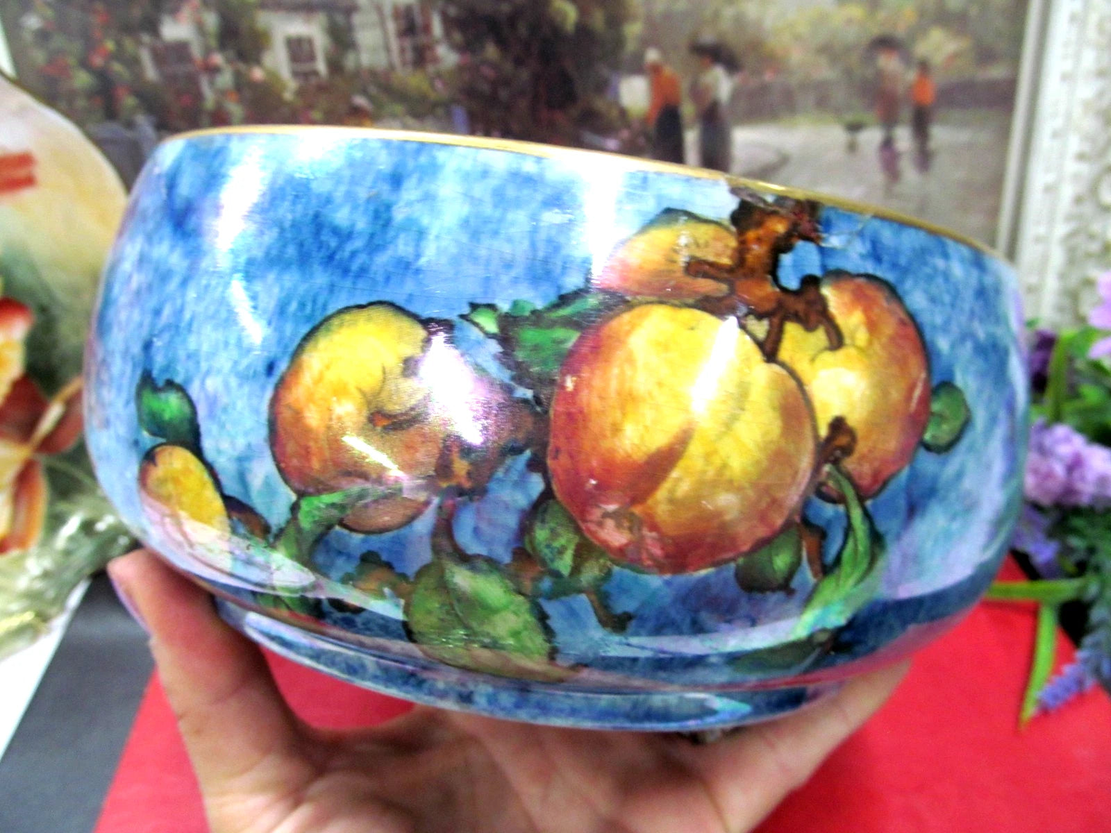 Royal Winton Grimwades England Fruit Blue Luster large Bowl inside gold trims R