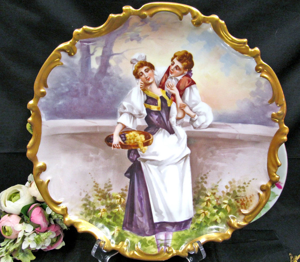 UNMARKED LIMOGES FRANCE ARTIST SIGNED DULUIC CHARGER 13 PAINTED COURTING COUPLE