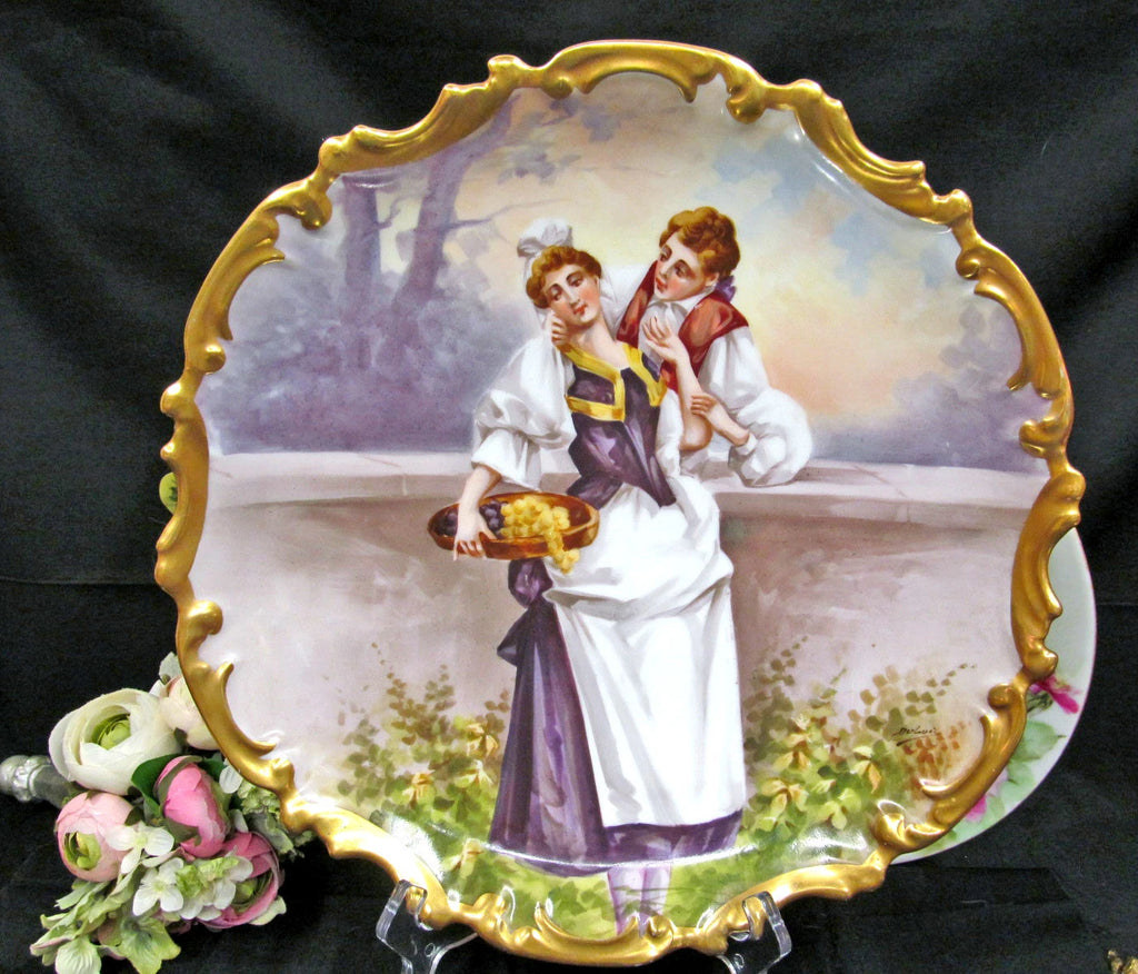 UNMARKED LIMOGES FRANCE ARTIST SIGNED DULUIC CHARGER 13 PAINTED COURTING COUPLE