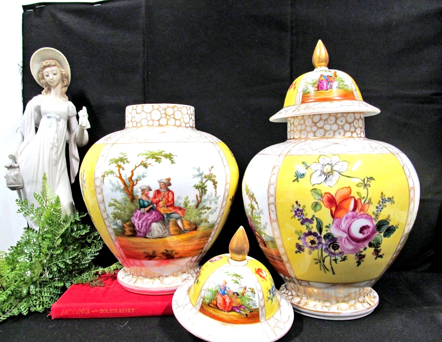 Dresden Helena Wolfsohn Pair Mantle Vases Floral & courting couple large vase