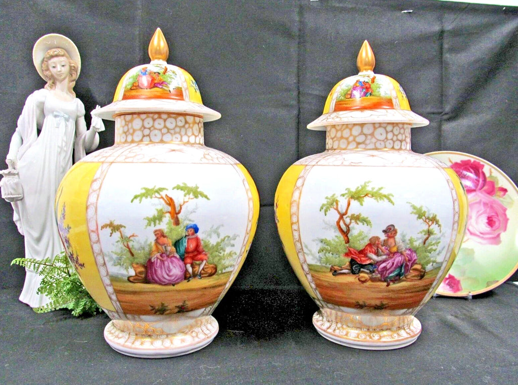 Dresden Helena Wolfsohn Pair Mantle Vases Floral & courting couple large vase