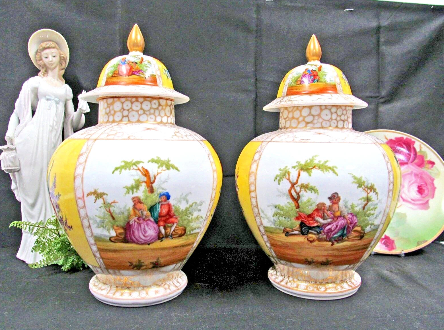 Dresden Helena Wolfsohn Pair Mantle Vases Floral & courting couple large vase