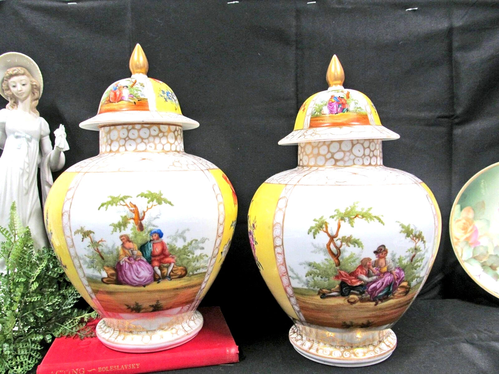 Dresden Helena Wolfsohn Pair Mantle Vases Floral & courting couple large vase