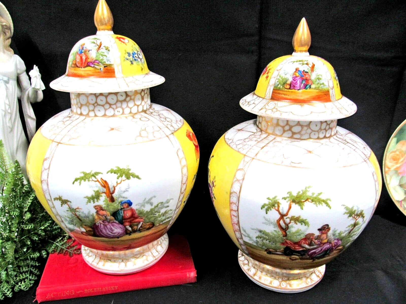 Dresden Helena Wolfsohn Pair Mantle Vases Floral & courting couple large vase