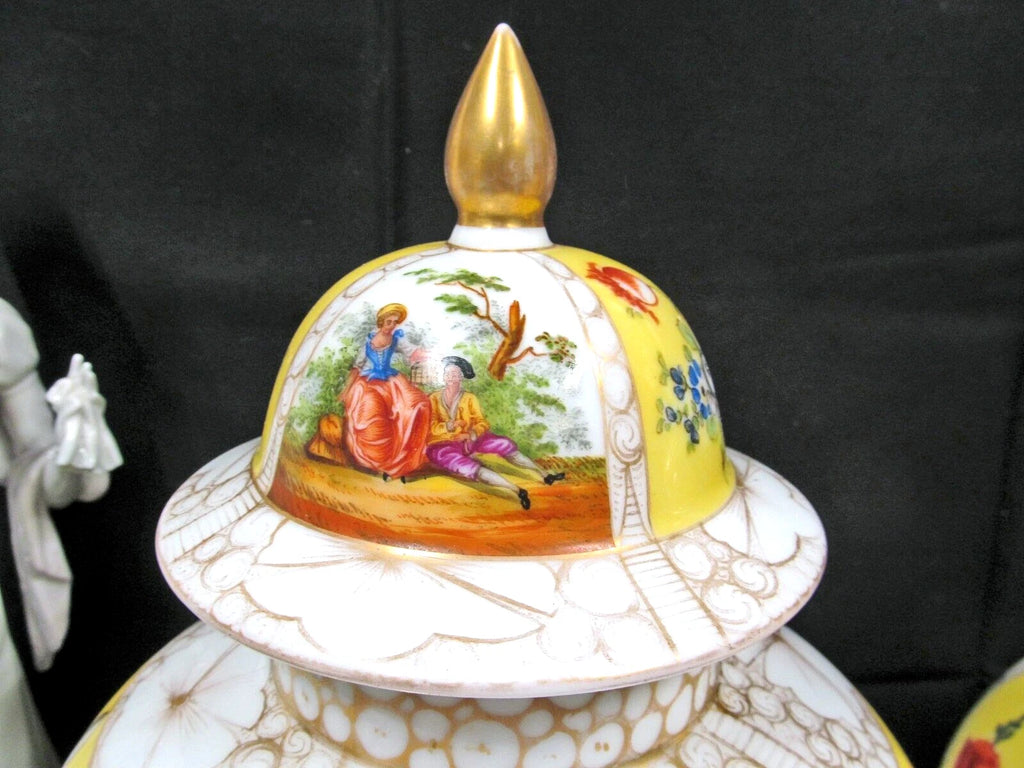 Dresden Helena Wolfsohn Pair Mantle Vases Floral & courting couple large vase