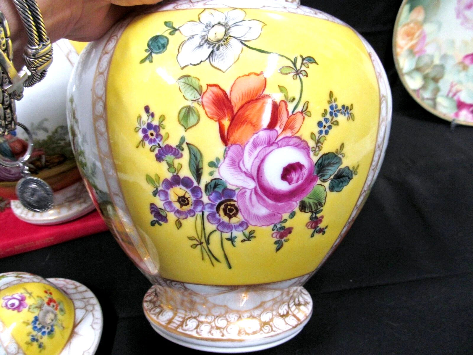Dresden Helena Wolfsohn Pair Mantle Vases Floral & courting couple large vase