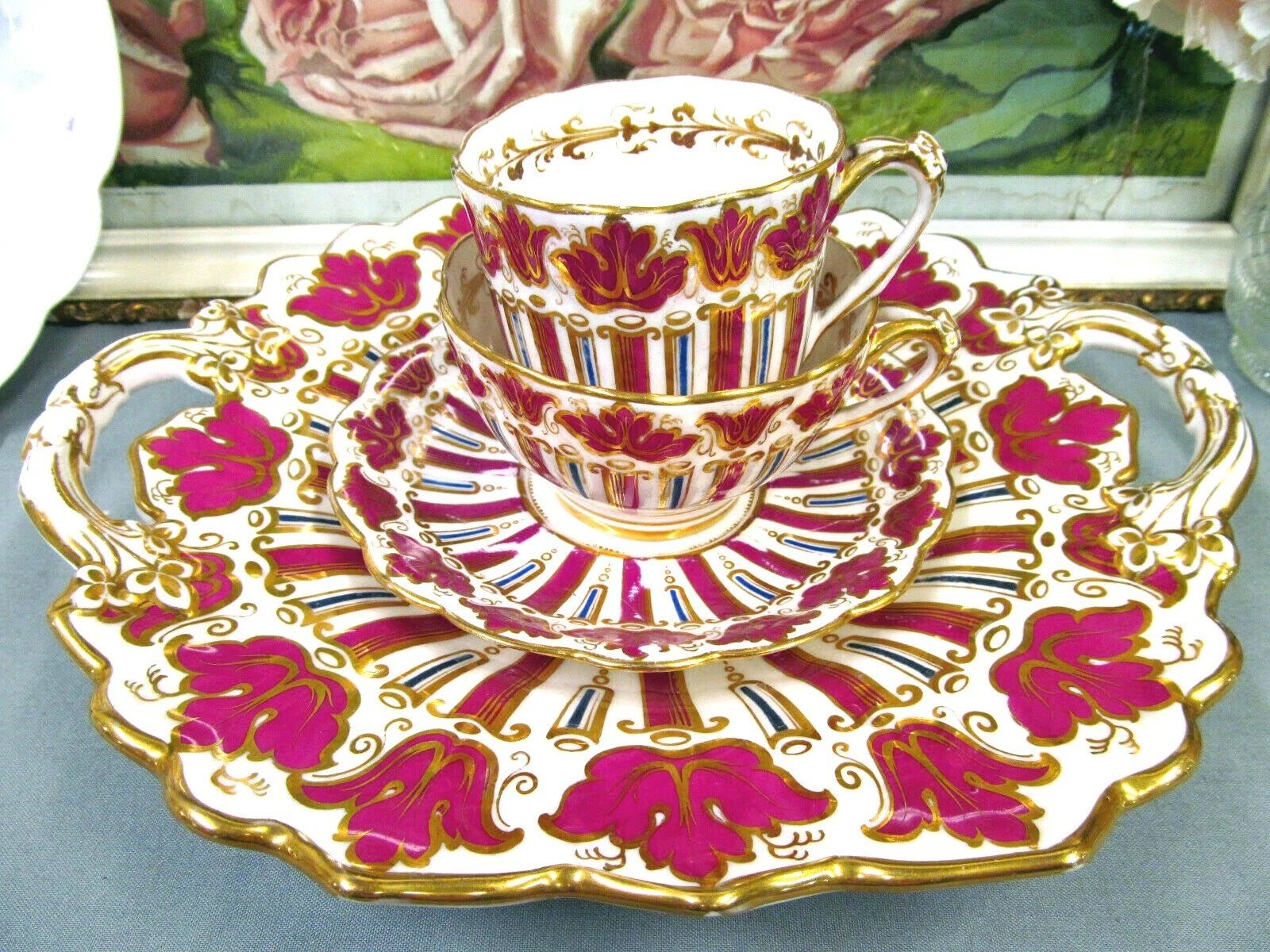 English Porcelain rare 1825 tea cup and saucer trio RIDGWAY teacup cake plate