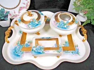 Limoges France painted forget me not large vanity tray and trinket holders 1920s